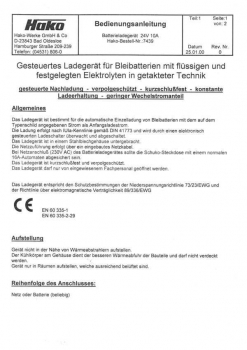 Preview: Hako Bedienungsanleitung Batterie 24V10A gesteuertes Ladegerät für Bleibatterien