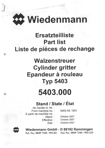 Wiedenmann Ersatzteilliste 5403 Walzenstreuer Typ 5403