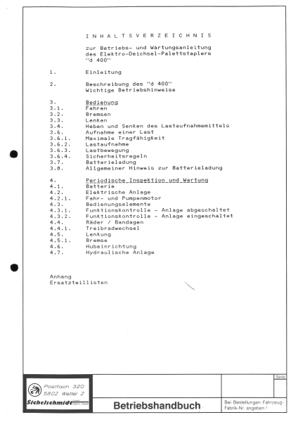 Sichelschmidt Betriebsanleitung d 400 und Wartungsanleitung