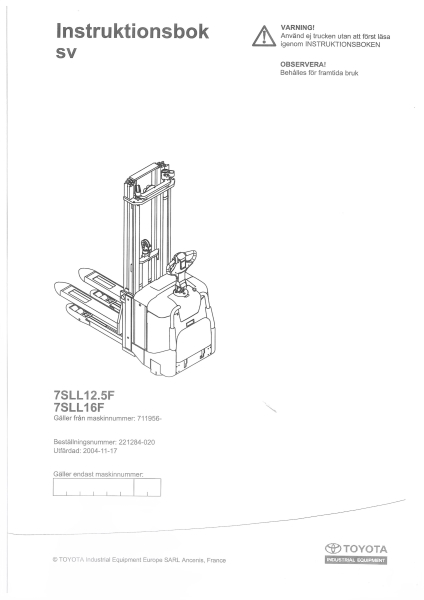 Toyota Instruktionsbok 7SLL12.5F 7SLL16F