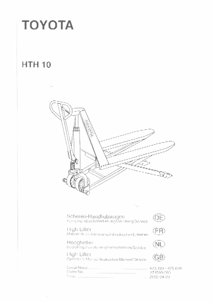 Toyota Bedienungsanleitung HTH 10 Scheren-Handhubwagen