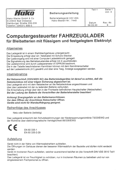 Hako Bedienungsanleitung Batterie 24V45A computergesteuerter Fahrzeuglader