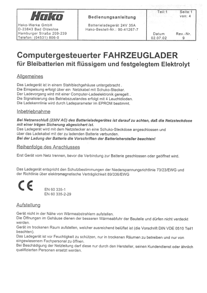 Hako Bedienungsanleitung Batterie 24V35A comutergesteuerter Fahrzeuglader