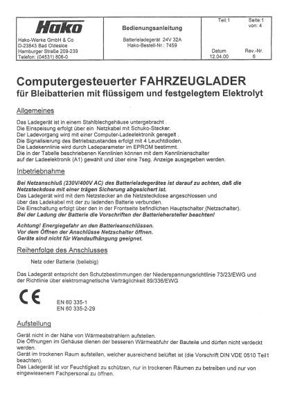 Hako Bedienungsanleitung Batterie 24V32A computergesteuerter Fahrzeuglader