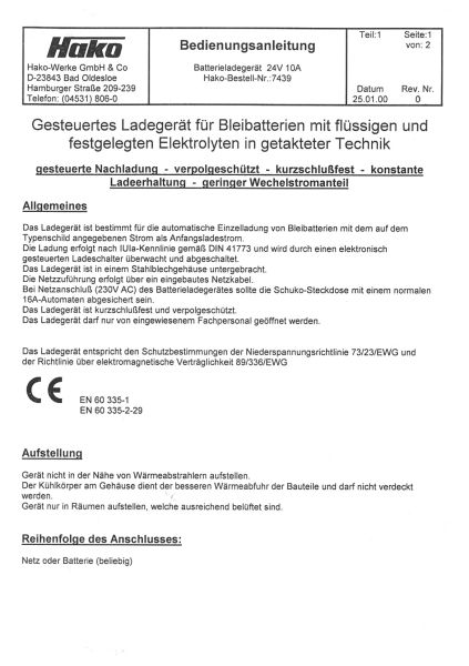 Hako Bedienungsanleitung Batterie 24V10A gesteuertes Ladegerät für Bleibatterien