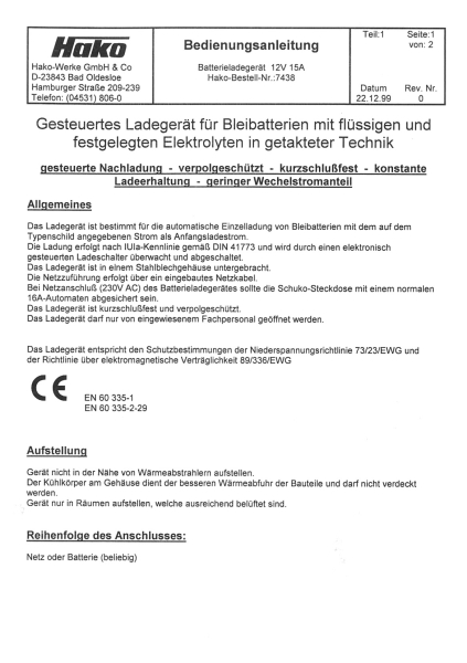 Hako Bedienungsanleitung Batterie 12V15A gesteuertes Ladegerät für Bleibatterien