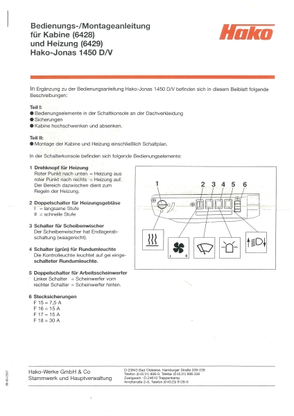 Hako Bedienungsanleitung Kabine/Heizung von Hako-Jonas 1450D/V