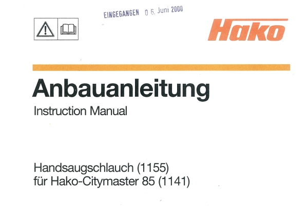 Hako Anbauanleitung Handsaugschlauch1155 für Hako-Citymaster 85 (1141)