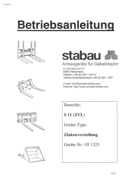Stabau Betriebsanleitung S11 S11(ZVL) Zinkenvesrtellung 05 1323