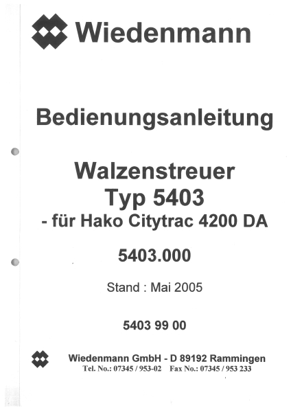 Wiedenmann Bedienungsanleitung Walzenstreuer5403_für HakoCitytrac4200DA